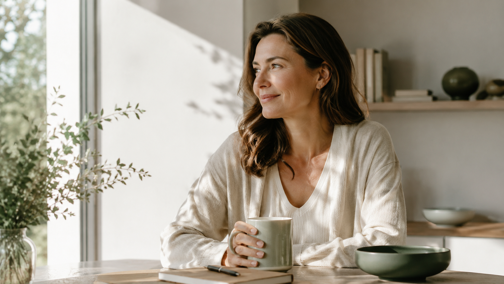 A woman sitting at a sunlit table with a mug, looking out of a window