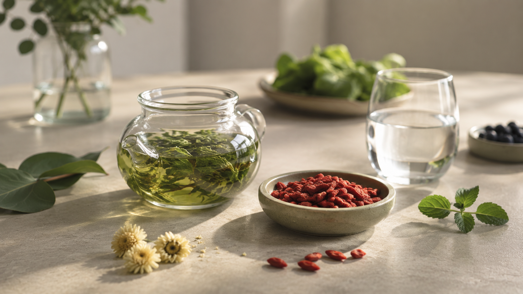 A glass pot of steeping herbs beside a dish of dried goji berries, chrysanthemum flowers, mint, leafy greens, blueberries, and a glass of water on a sunlit table.