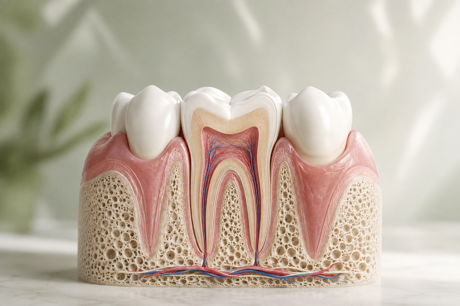 Cross-section illustration of a tooth showing enamel, pulp, gums, and supporting bone.
