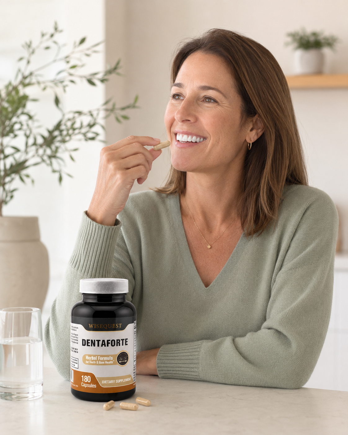 Adult in their 40s in a home office taking a Dentaforte capsule