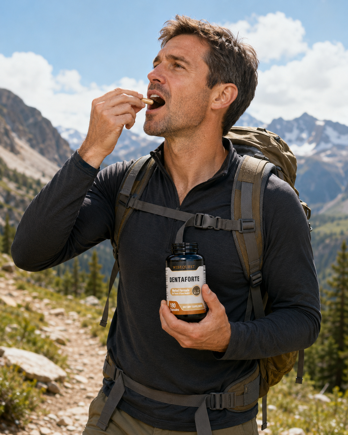 Active man hiking in the mountains, taking a Dentaforte capsule outdoors