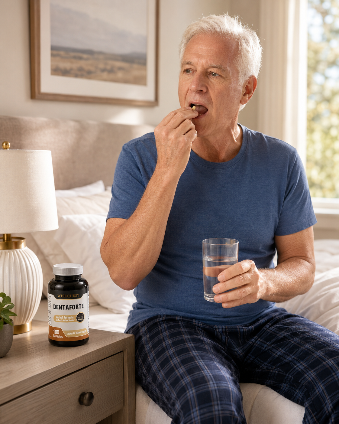 Older adult sitting on the edge of his bed taking a Dentaforte capsule with a glass of water