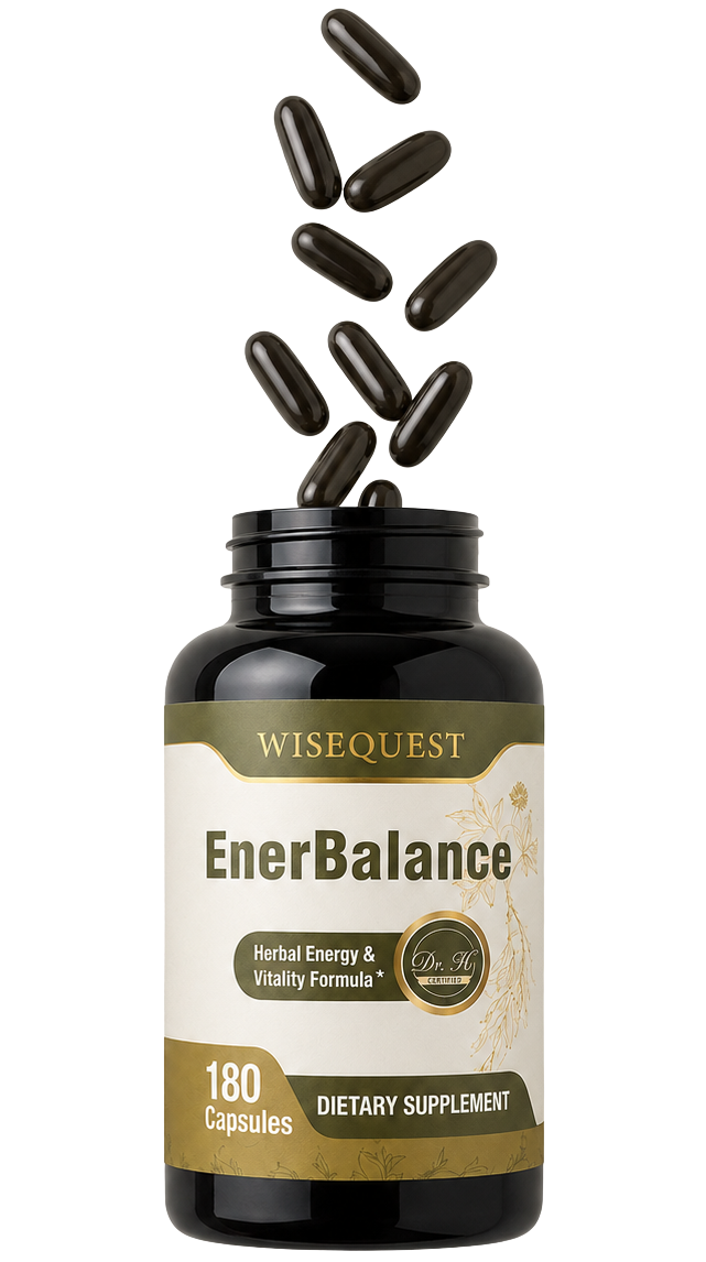 WiseQuest EnerBalance bottle open, capsules spilling out