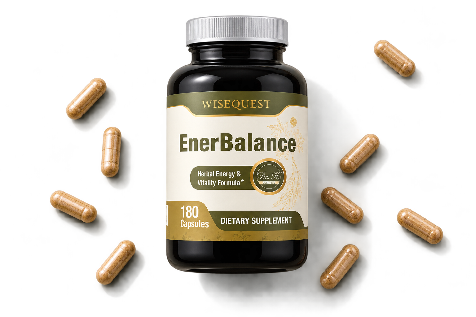 WiseQuest 黑膏滋胶囊瓶身，四周散落胶囊