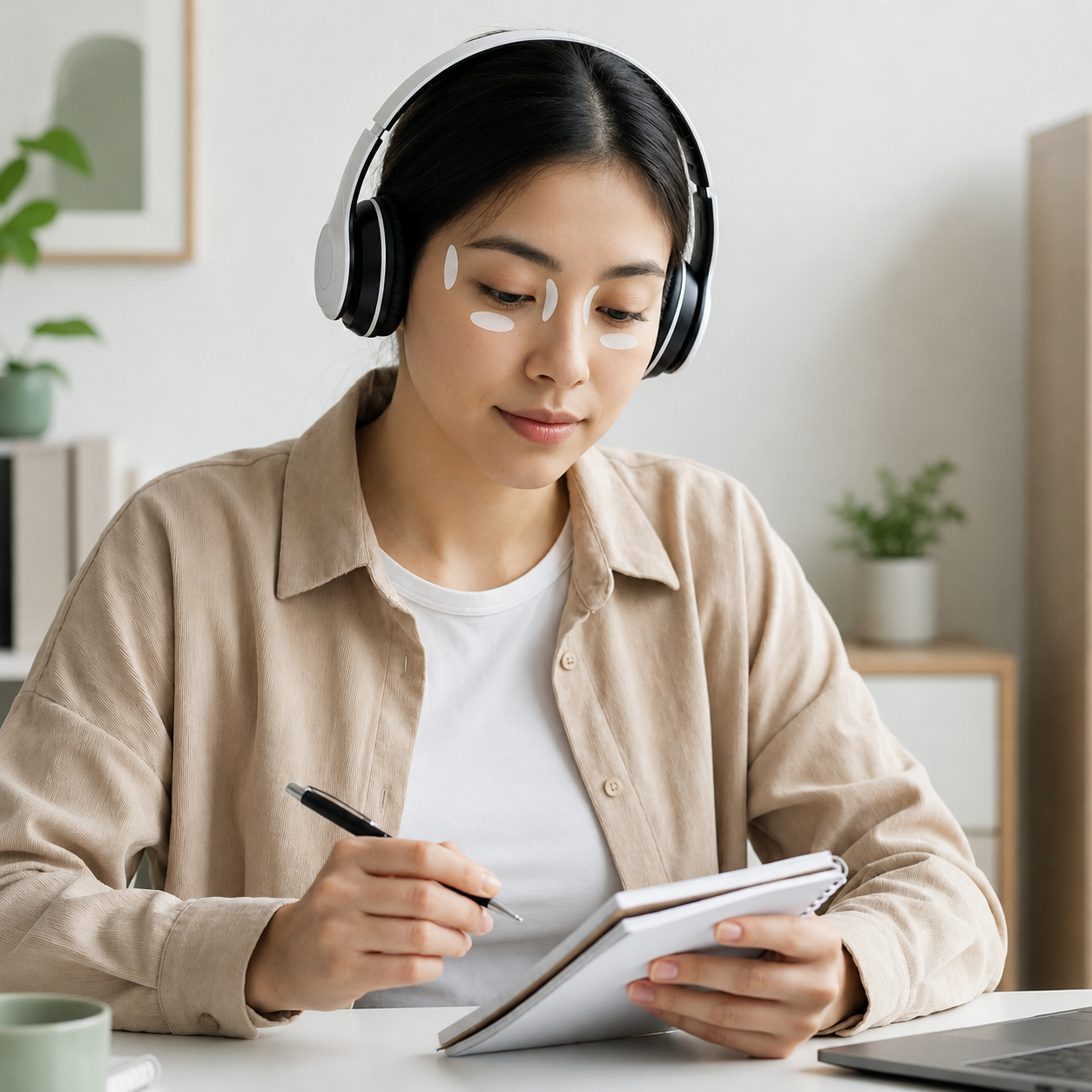 WiseQuest アイパッチを目のまわりに貼り、ヘッドホンをして机に向かう女性