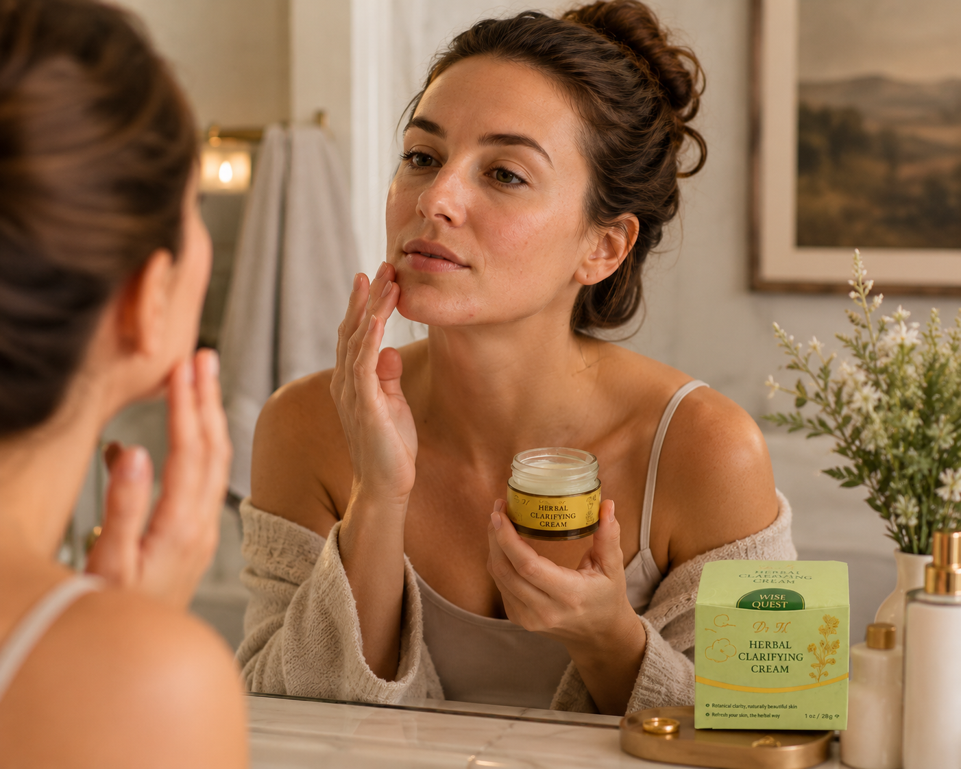 Woman checking her chin and jaw for stress and hormonal breakouts at the mirror