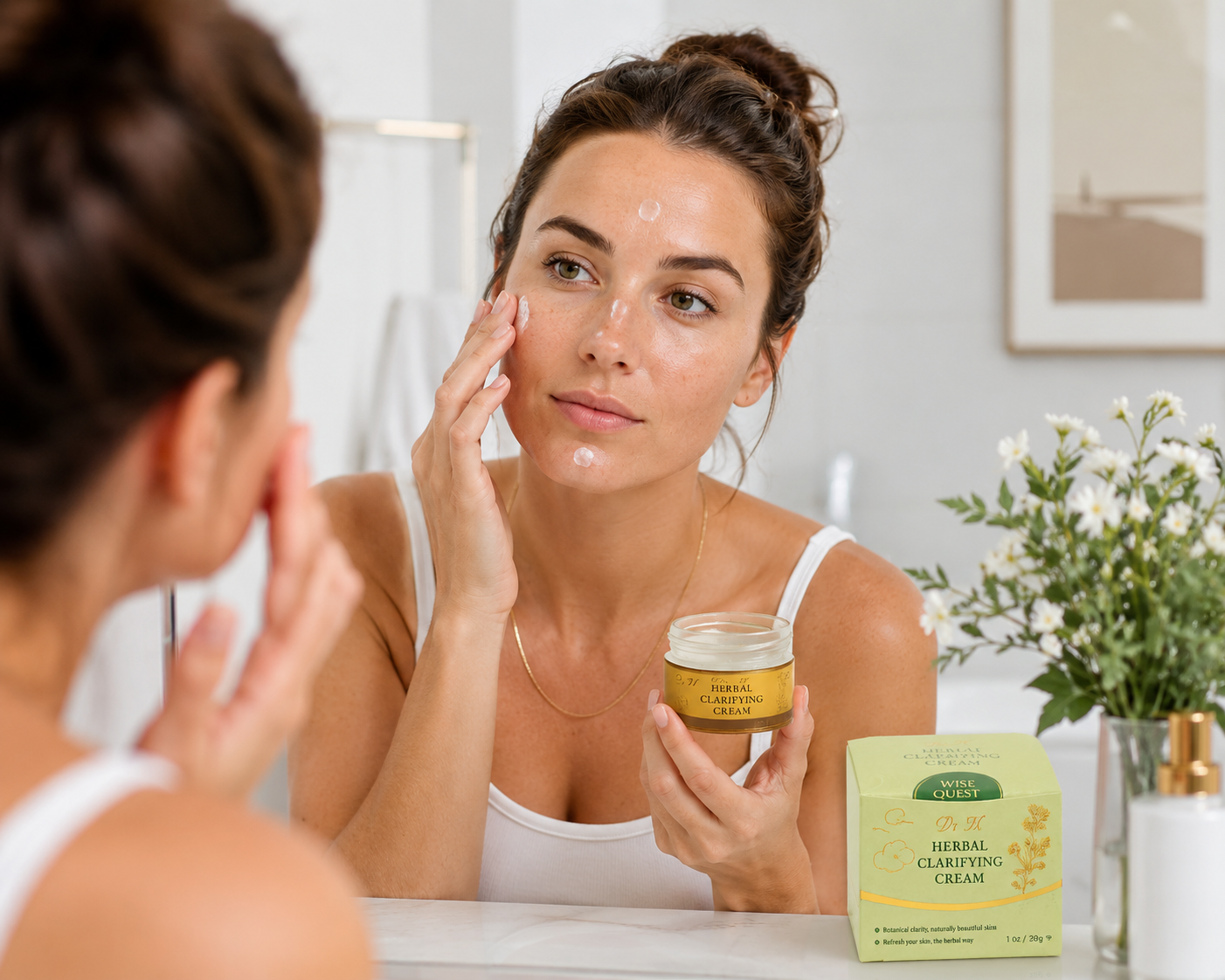 Woman applying WiseQuest Herbal Clarifying Cream to oily, congested skin at the mirror