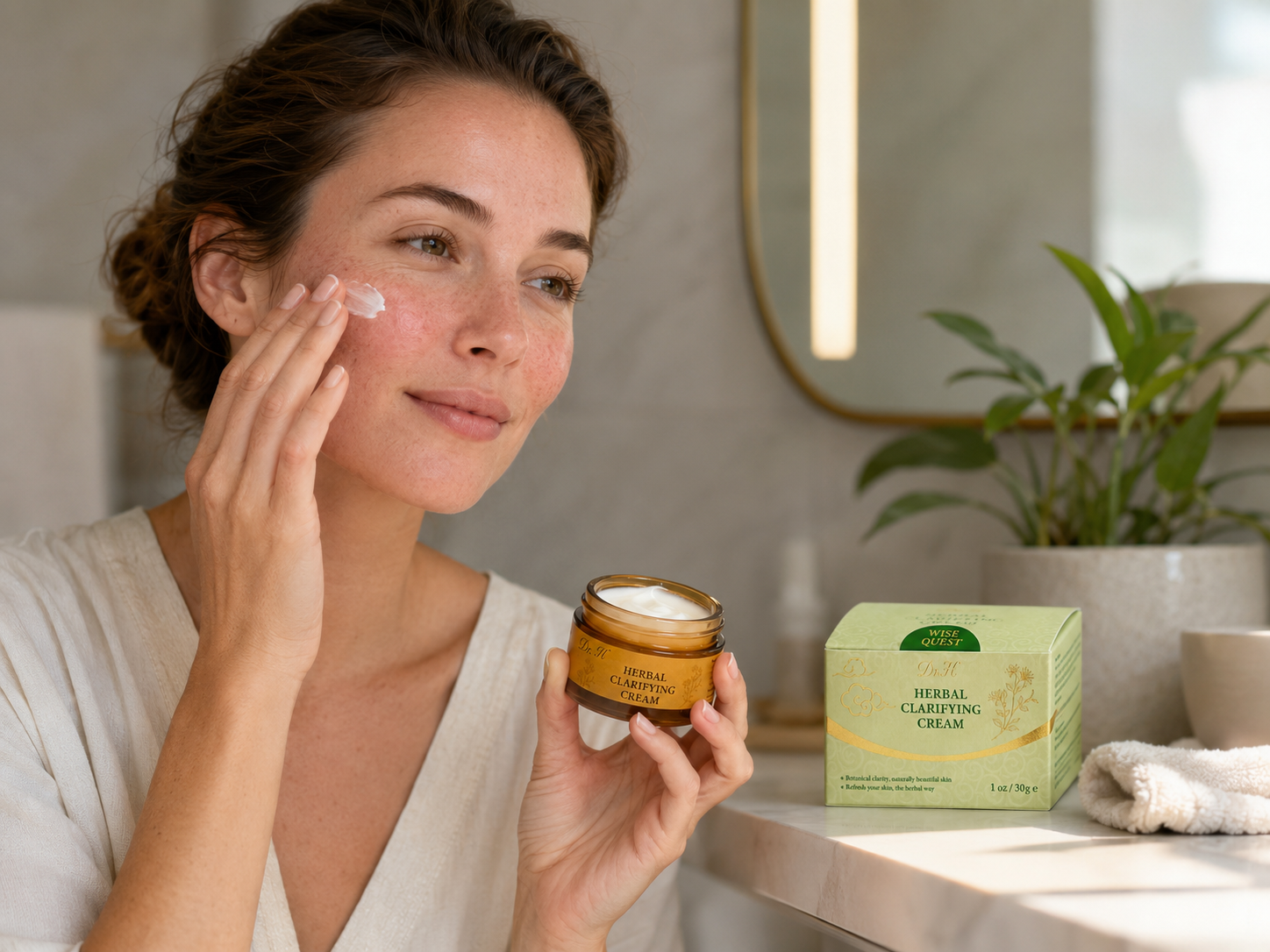 Woman with red, reactive skin gently applying clarifying cream to her cheek