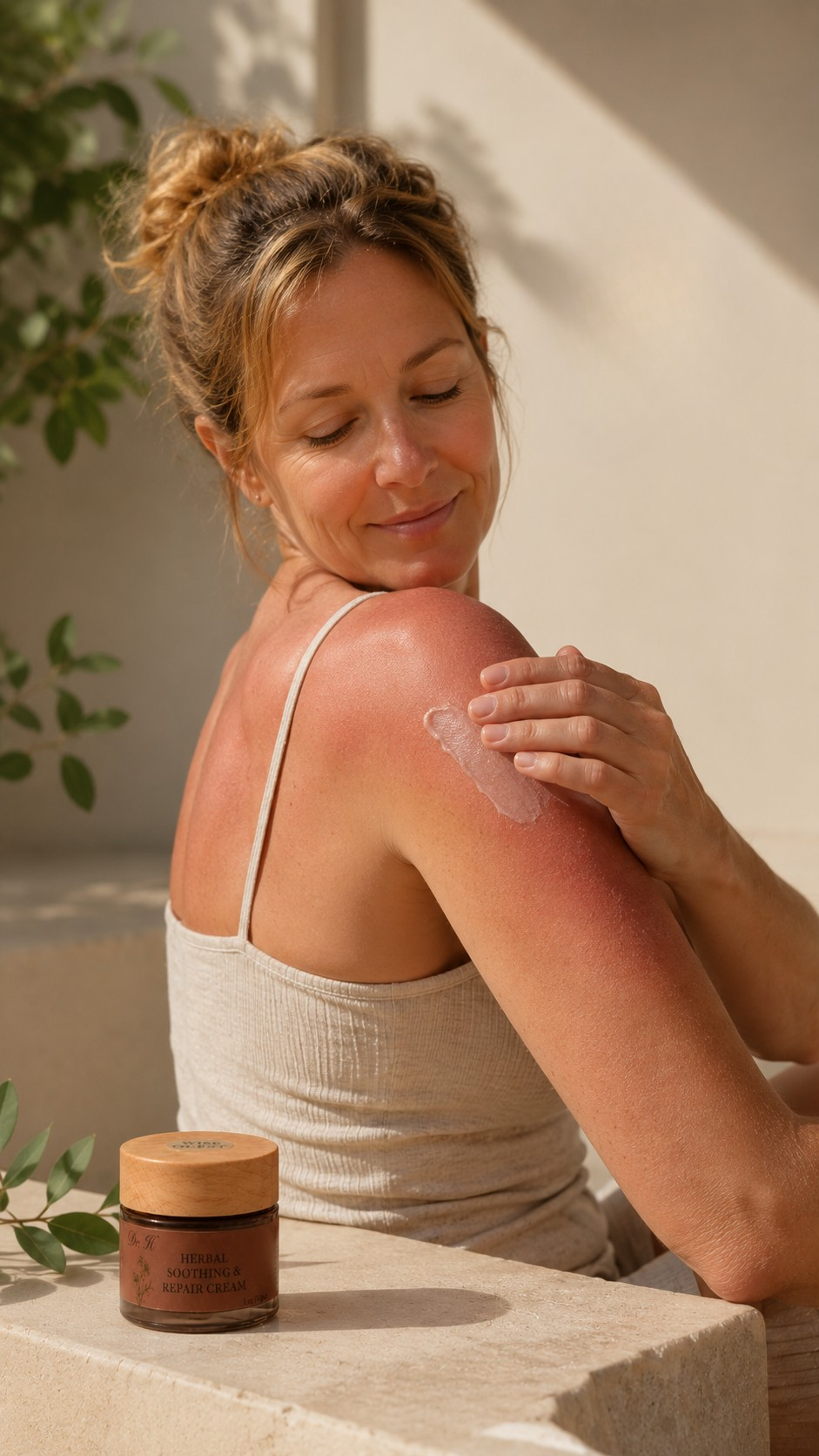 Soothing the cream onto sun-exposed skin as an after-sun rescue