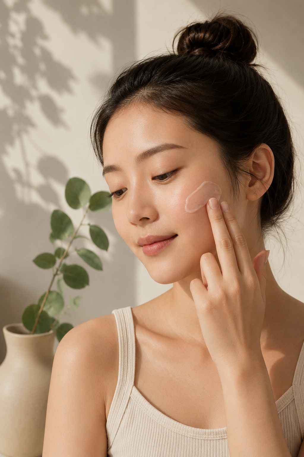 Applying the cream to the cheek as a calm morning first step