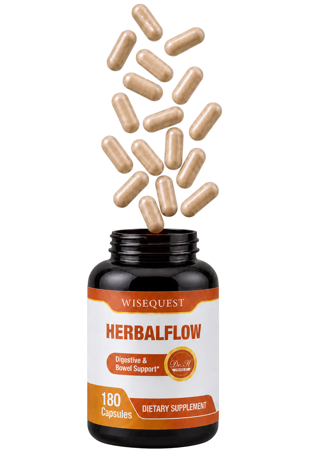 WiseQuest HERBALFLOW bottle open, capsules pouring out