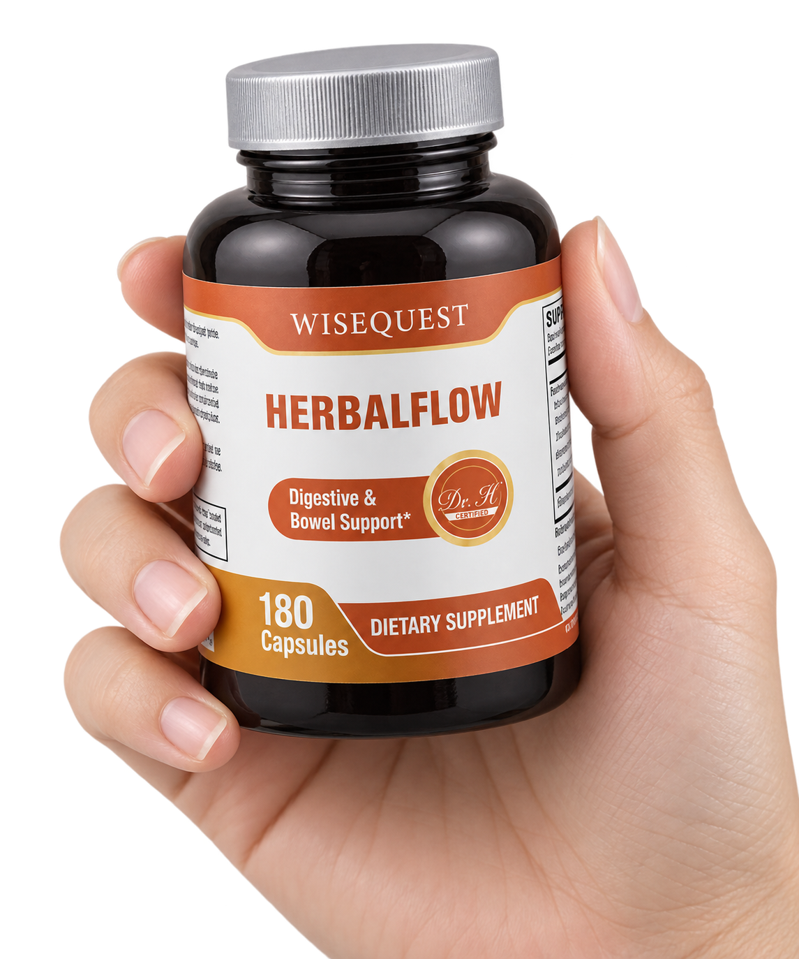 A hand holding the WiseQuest HERBALFLOW bottle