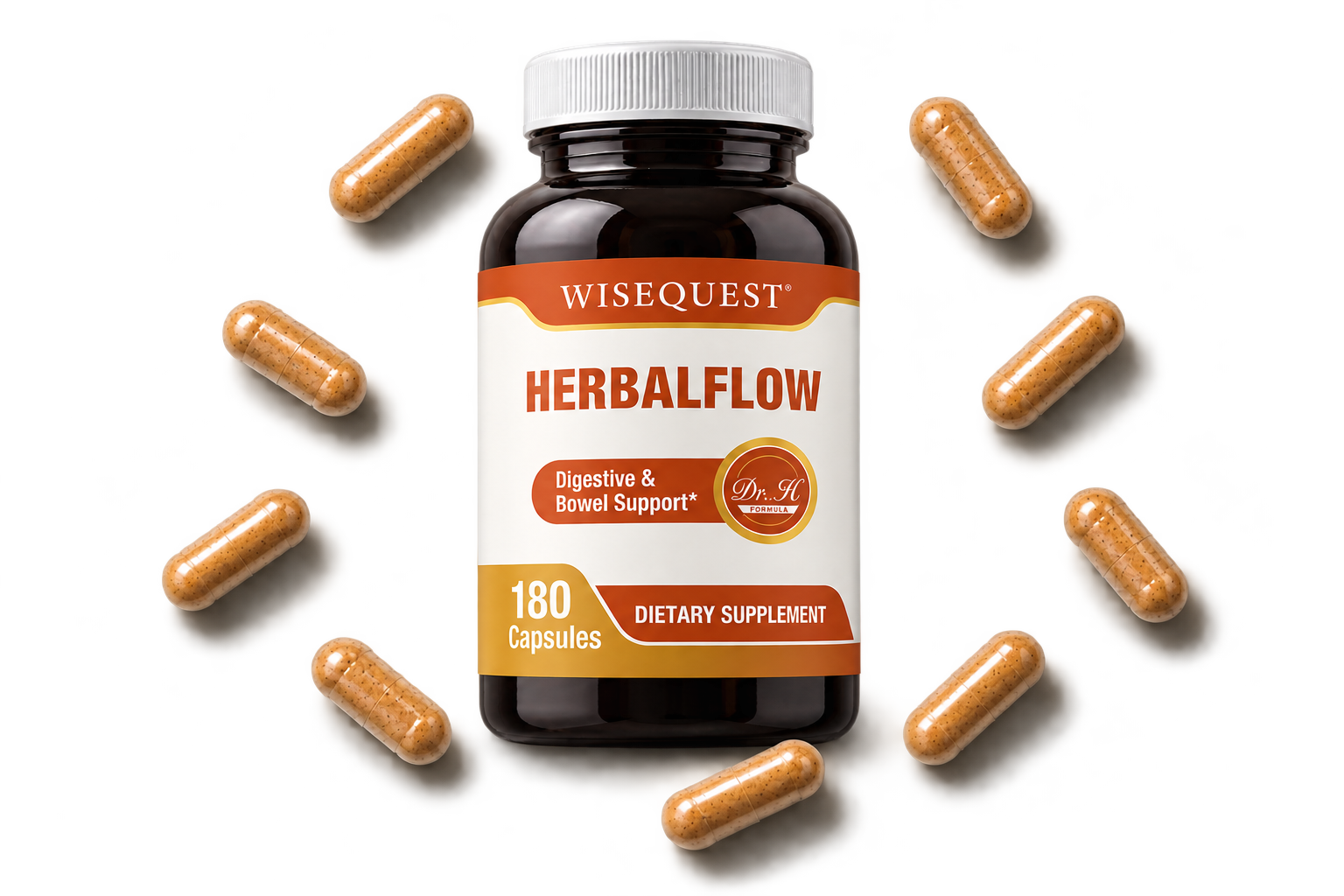 WiseQuest 草本通腹胶囊瓶身，四周散落胶囊