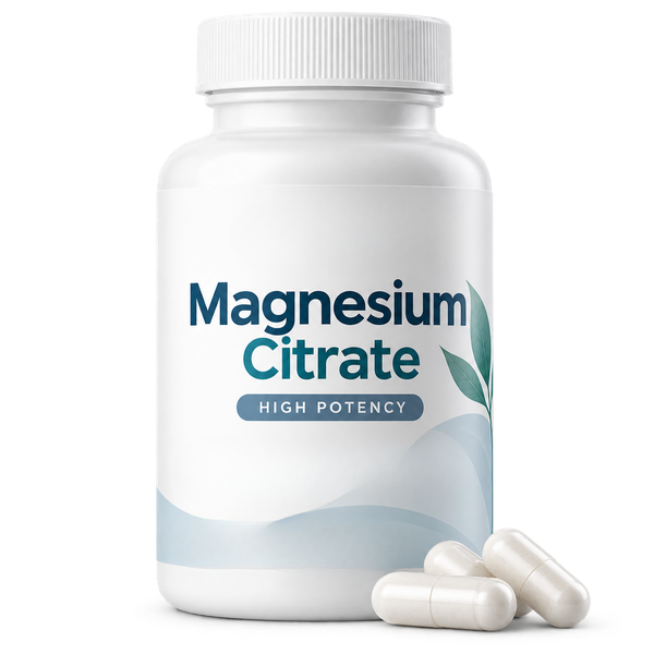 A magnesium citrate supplement bottle with capsules