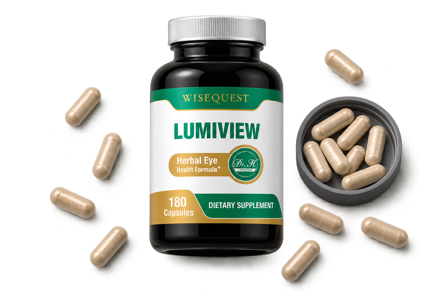 WiseQuest LUMIVIEW 护眼胶囊瓶身，四周散落胶囊
