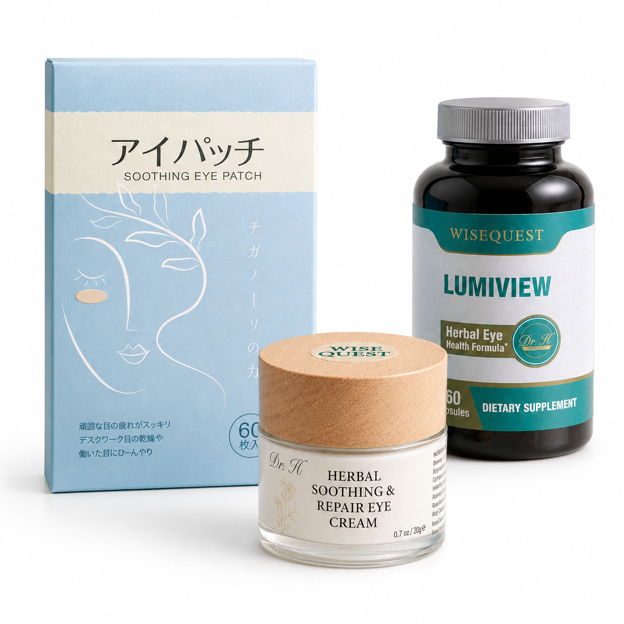 WiseQuest Eye Care Trio — capsules, patches, and eye cream